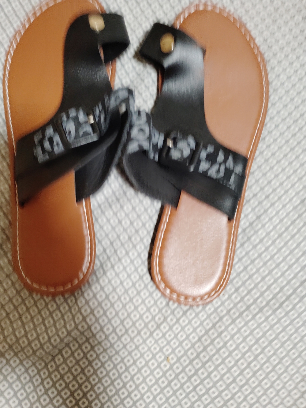 Women's Black Strap Slide Sandals with Tan Footbed